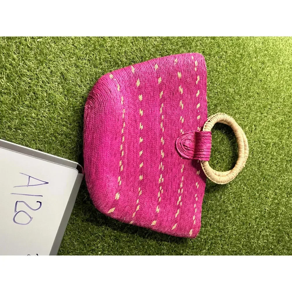 Pink Straw Handbag with Circular Handles‎ Beach Coastal Summer Spring